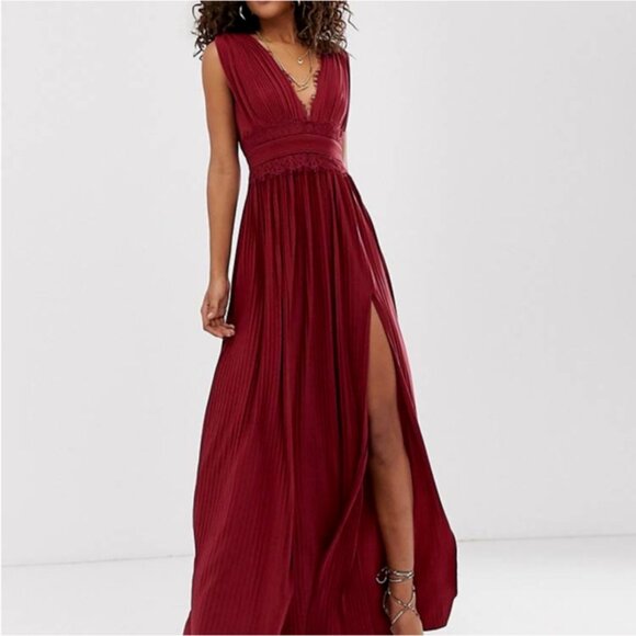 ASOS Burgundy Lace Insert Pleated Slit Maxi Dress 8 - Picture 14 of 14